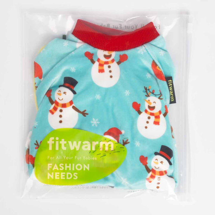 Dog pajamas packaged in a clear Fitwarm bag, displaying the light-blue snowman print.