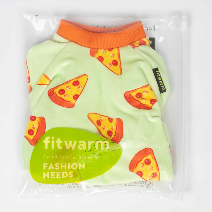 Packaged pizza print dog pajamas with orange collar, folded in clear bag.