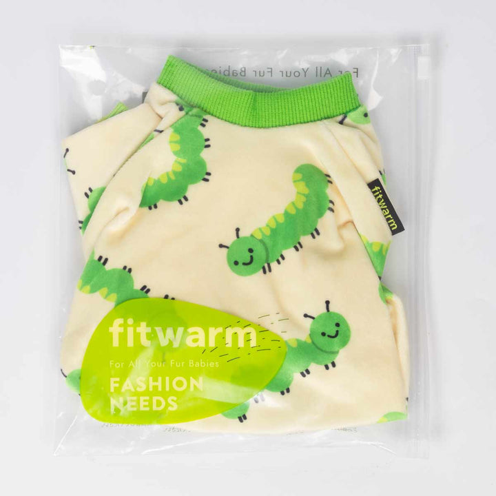 Packaged caterpillar print dog pajamas in clear bag with brand label