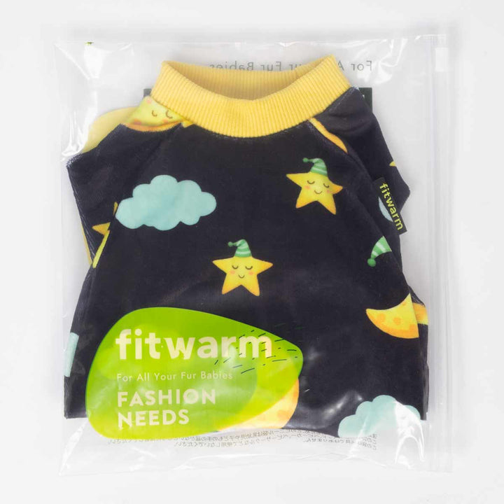 Dog pajamas folded in clear bag with moon star print and yellow rib trim