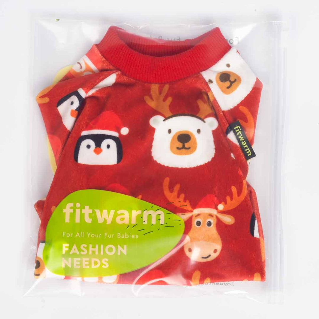 Packaged Christmas dog pajamas in red lightweight velvet with cute penguin, bear, and reindeer prints inside a Fitwarm clear bag.