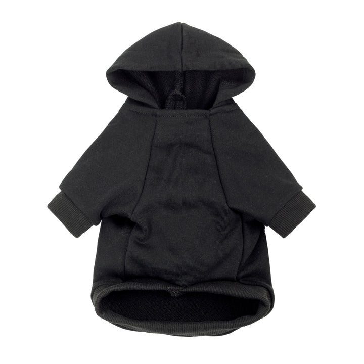 Black dog hoodie with hood and ribbed cuffs, front view