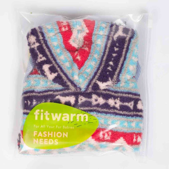 Dog hoodie with multicolor tribal pattern folded inside Fitwarm packaging, showcasing its soft fleece material.