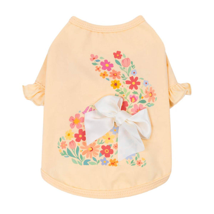 Yellow dog shirt with floral bunny print and big white bow on back