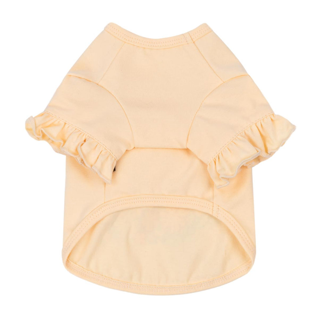 Yellow dog shirt with ruffle sleeves and clean front view