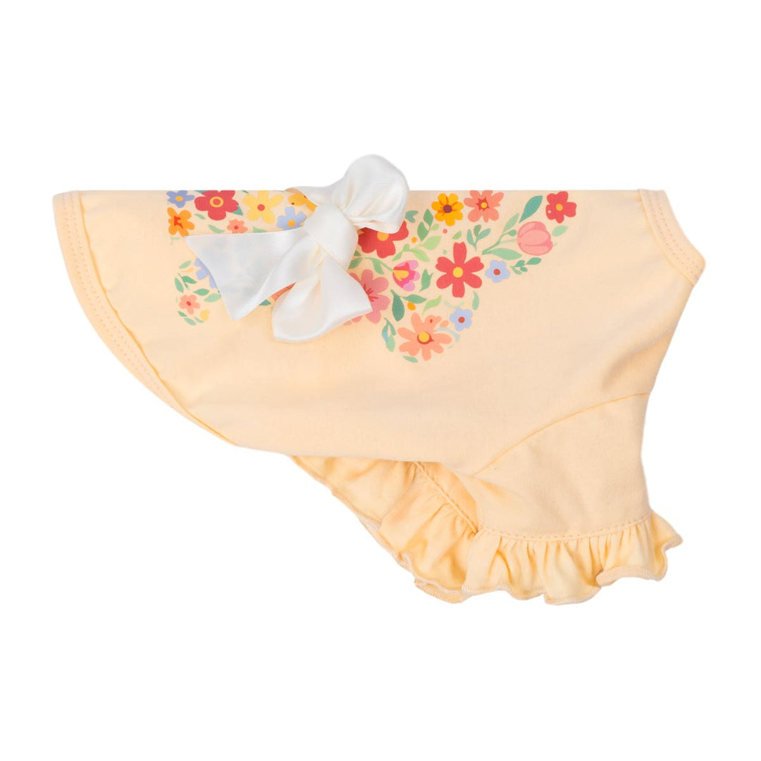 Side view yellow dog shirt with floral bunny print and oversized white bow