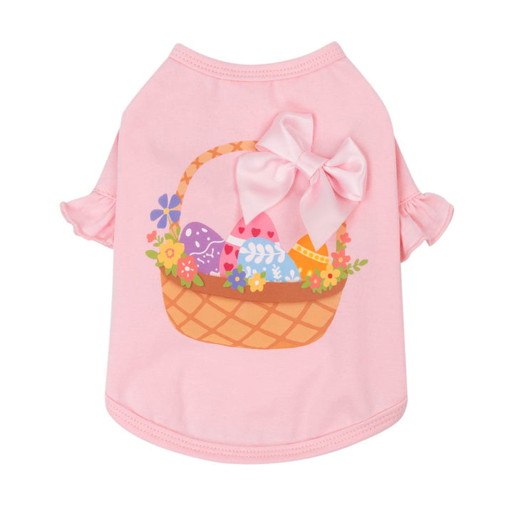 Pink Easter basket print dog shirt with bow detail on back