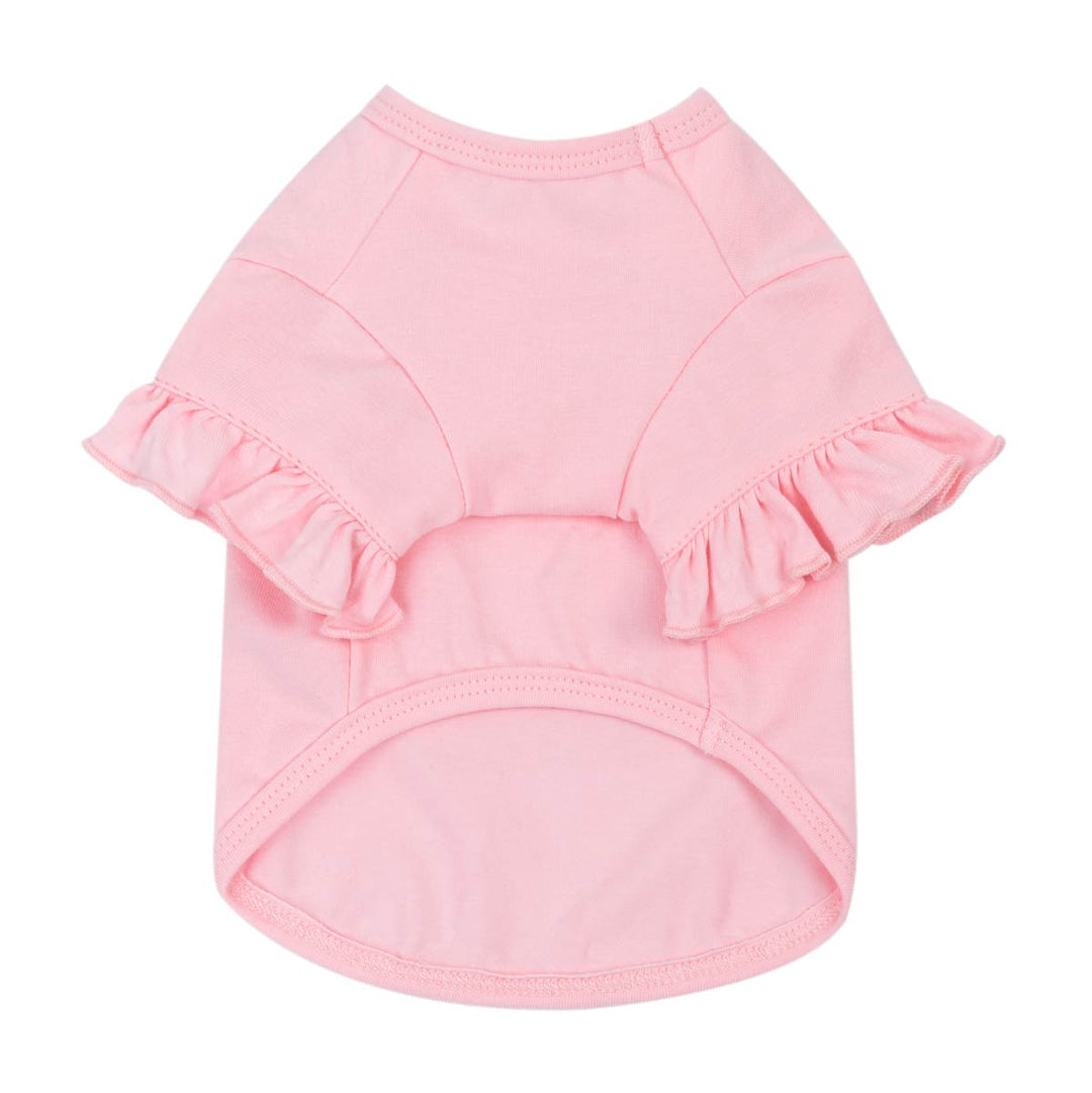 Solid pink ruffle sleeve dog shirt back view with curved hem