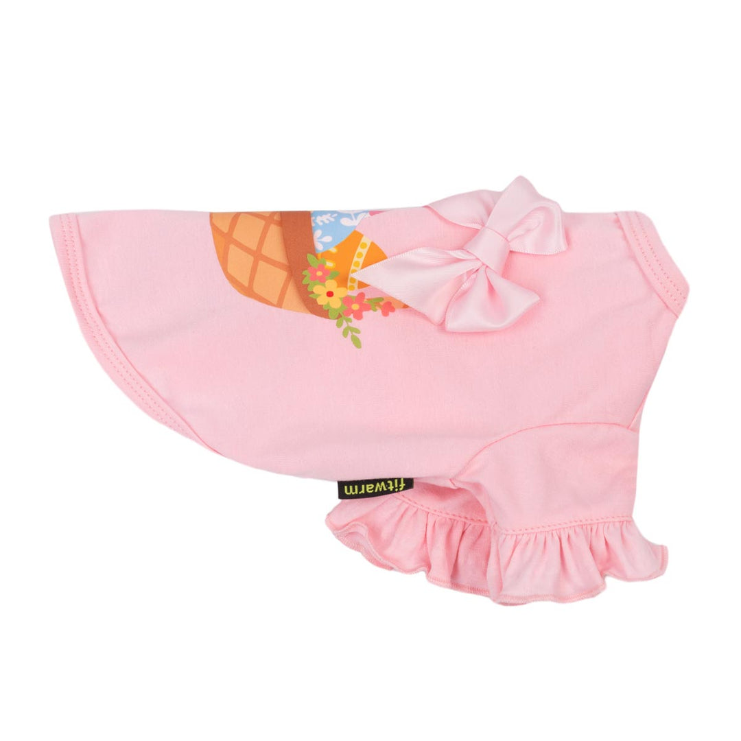 Side view pink ruffle dog shirt with bow and basket print