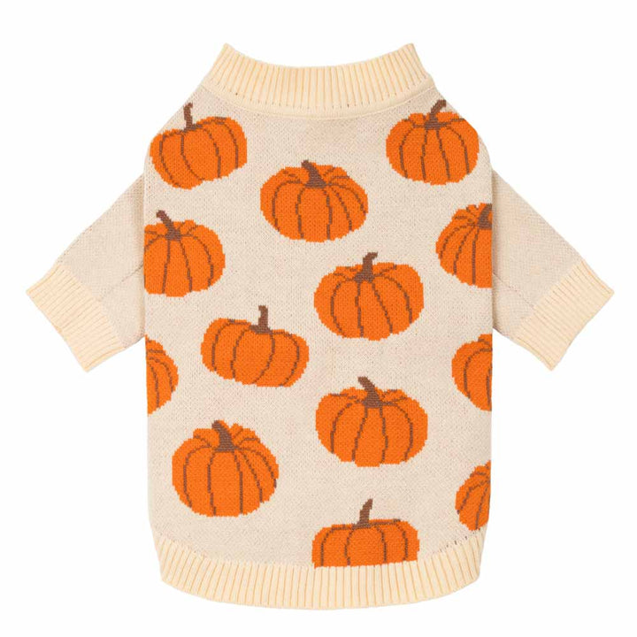 Dog sweater with orange pumpkin pattern on beige knit, perfect for fall.