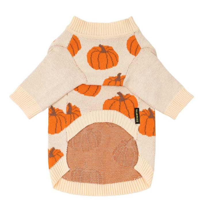 Pumpkin-themed Dog sweater in warm beige tones with ribbed trims.