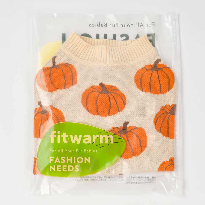 Package of a dog sweater with pumpkin pattern and 'fitwarm' branding.