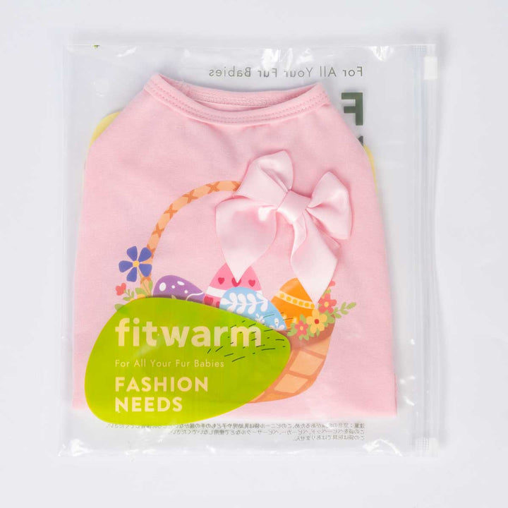 Packaged pink dog shirt with bow inside clear Fitwarm bag