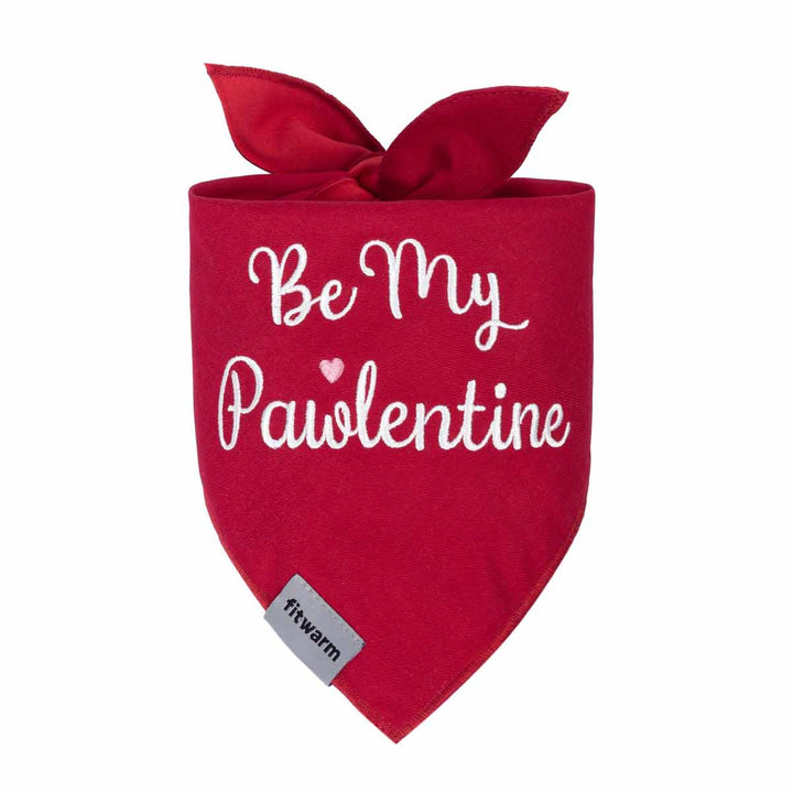 Folded red dog bandanas tied at top with Be My Pawlentine embroidery.