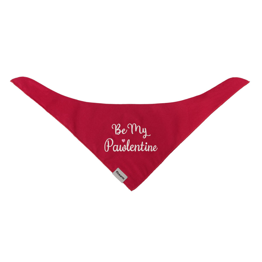 Red dog bandanas laid flat with Be My Pawlentine embroidery and Fitwarm label