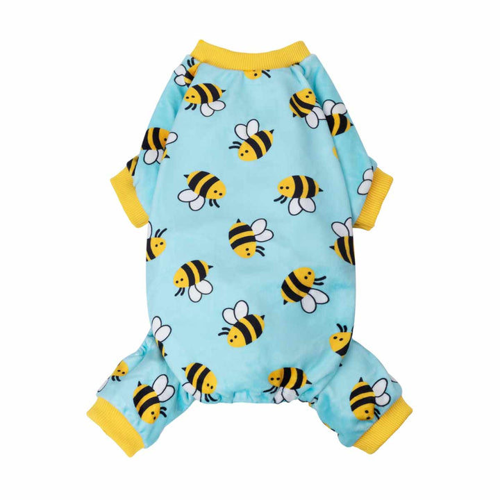 Blue bee dog pajamas with yellow cuffs and collar, cozy dog onesie.