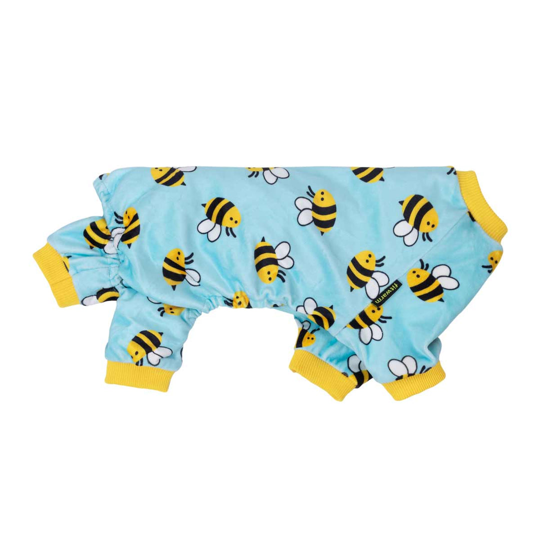 Blue dog pajamas with a repeating bee pattern and yellow trim. Features a Fitwarm logo tag.