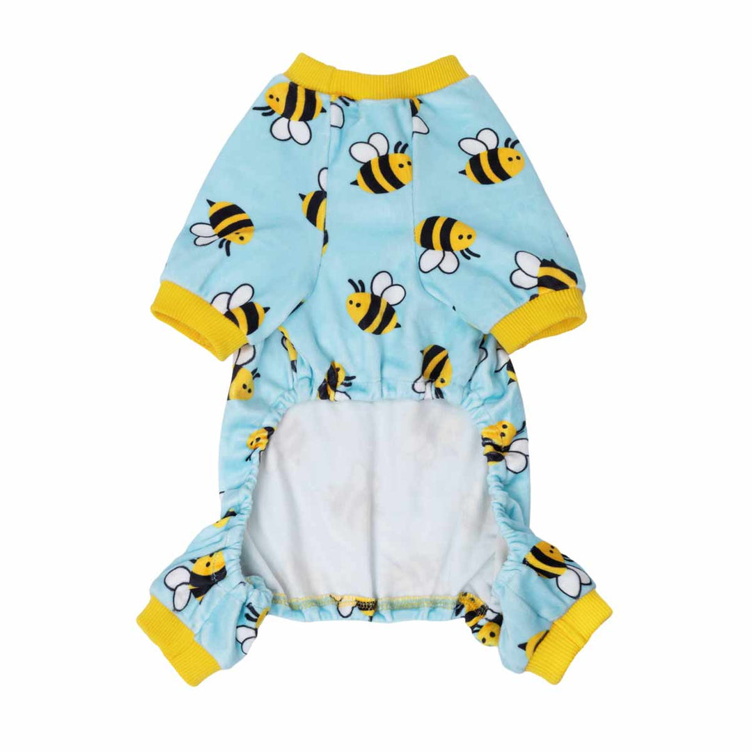 Funny Bee Dog Pajamas in Blue with yellow cuffs and collar