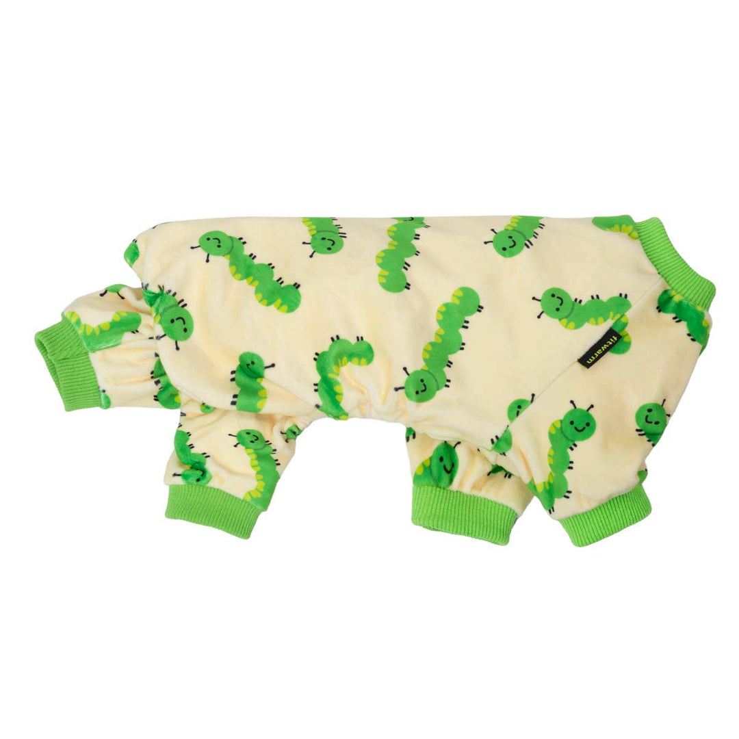 Cream dog onesie pajamas with all-over green caterpillar print and green ribbed cuffs.