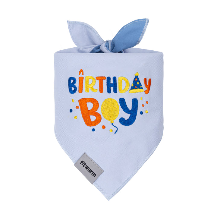 Birthday Boy embroidered dog bandanas folded on white background
