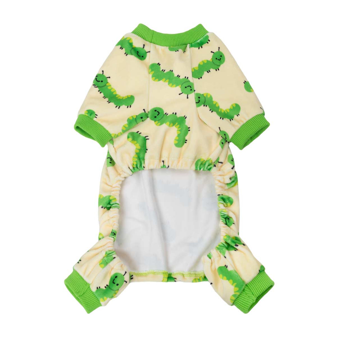 Caterpillar dog pajamas: yellow with green cartoon print.