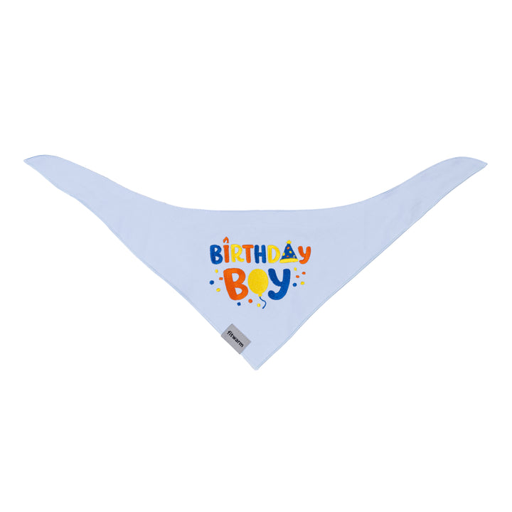 Front view Birthday Boy dog bandanas with embroidered text on pale blue