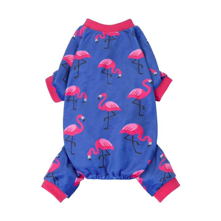 Blue dog pjs with pink flamingo pattern on a white background