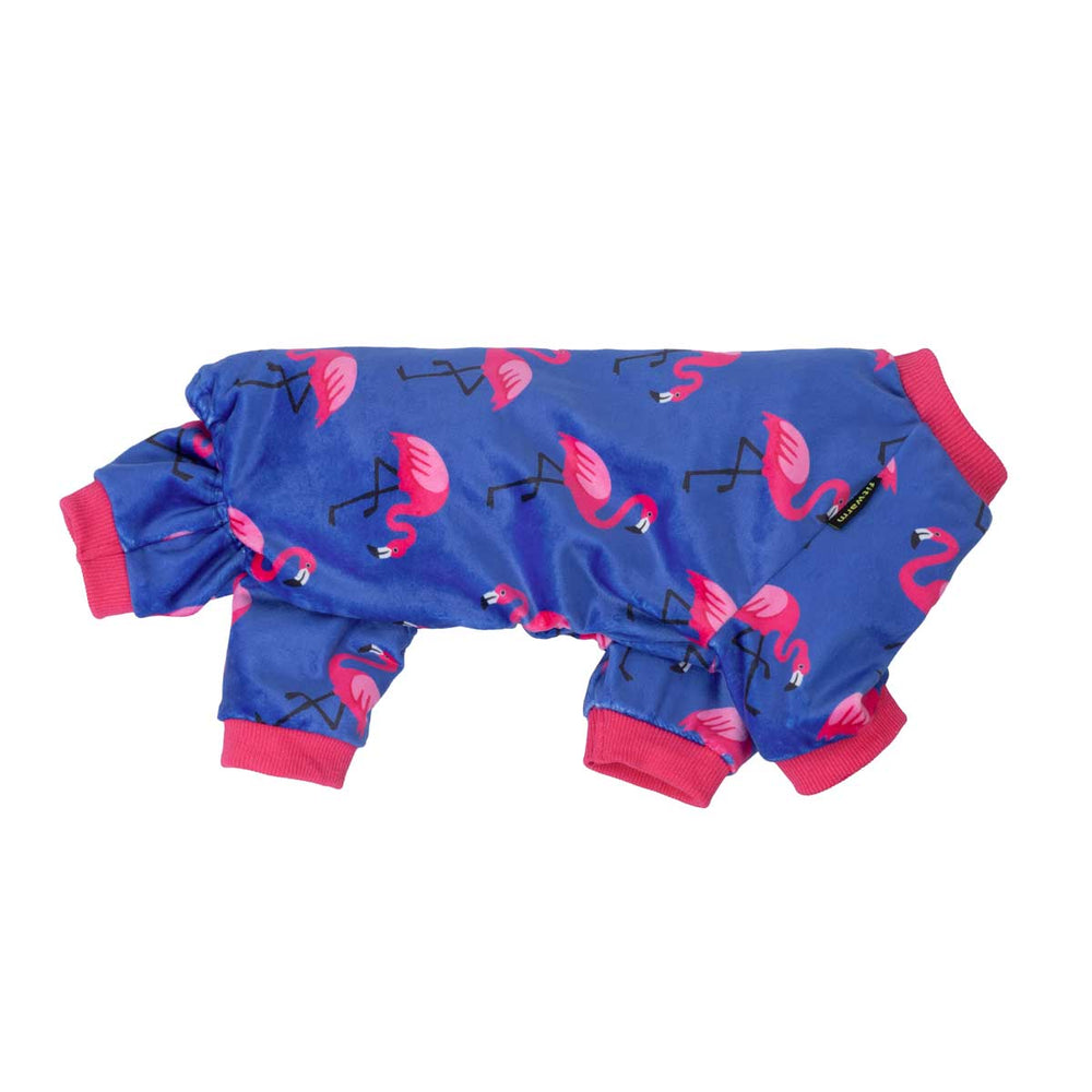 Blue pajamas for dogs with pink flamingo pattern on a white background