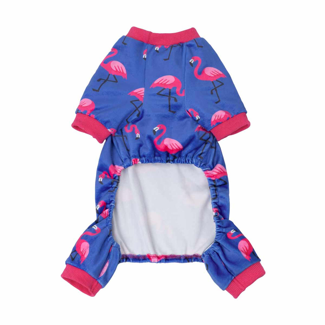 Blue dog onesie with pink flamingo pattern on a white background