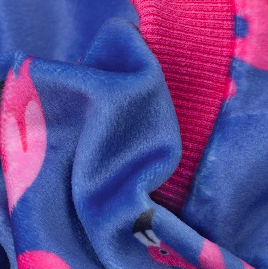 Close-up of blue and pink fabric with a textured pattern