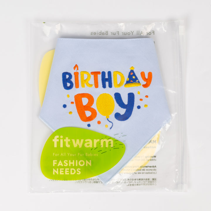 Packaged Birthday Boy dog bandanas shown in clear bag with Fitwarm label