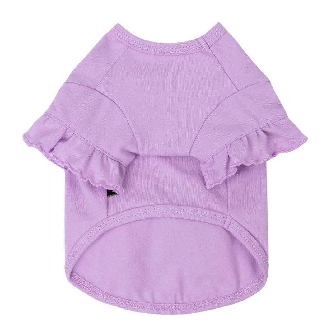 Back view of purple dog shirt showing ruffle sleeves and curved hem for dogs