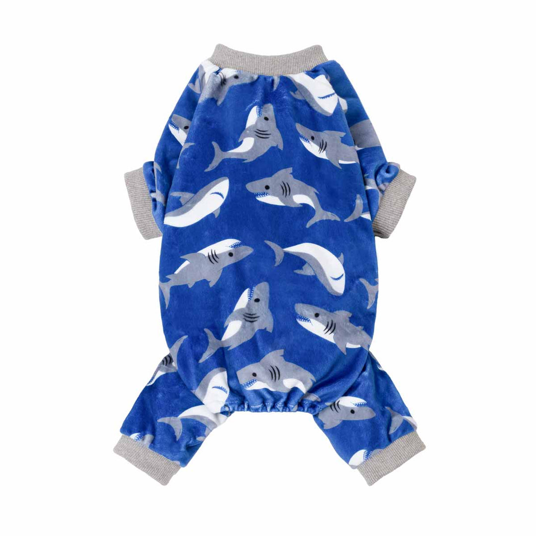 Blue dog pajamas with shark print, soft velvet fabric, for a cozy and warm wear