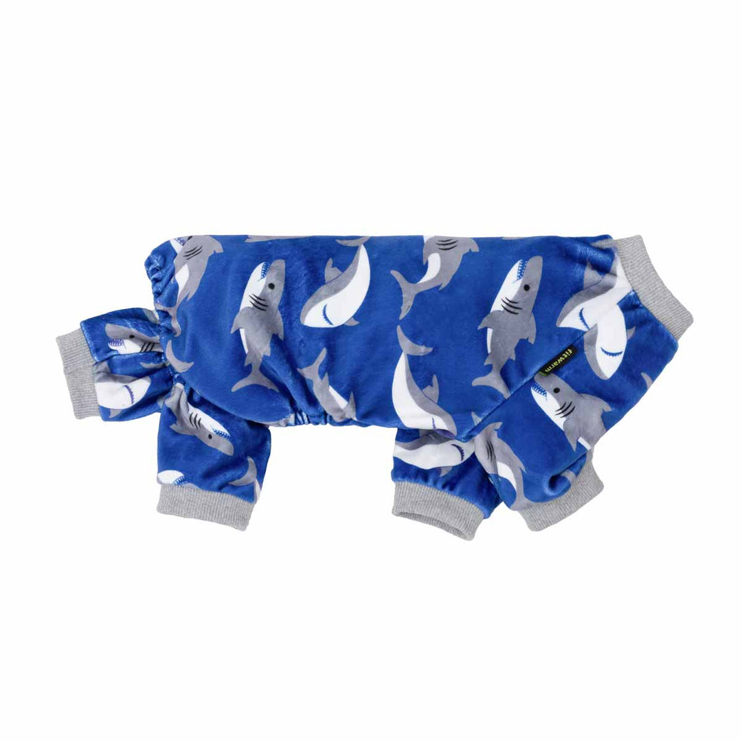 Blue dog pajamas with shark print, soft velvet fabric, Fitwarm dog sleepwear for French Bulldogs, cozy and stylish