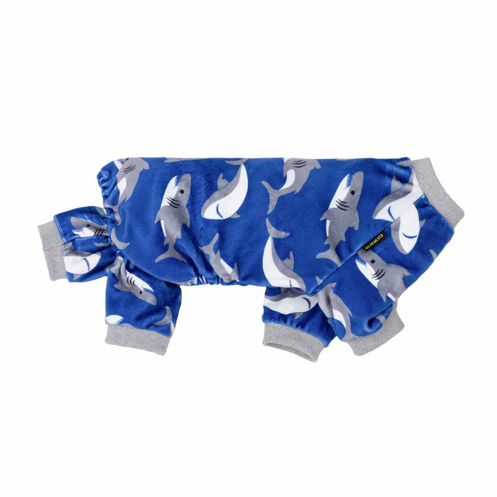 Blue dog pajamas with shark print, soft velvet fabric, Fitwarm dog sleepwear for French Bulldogs, cozy and stylish