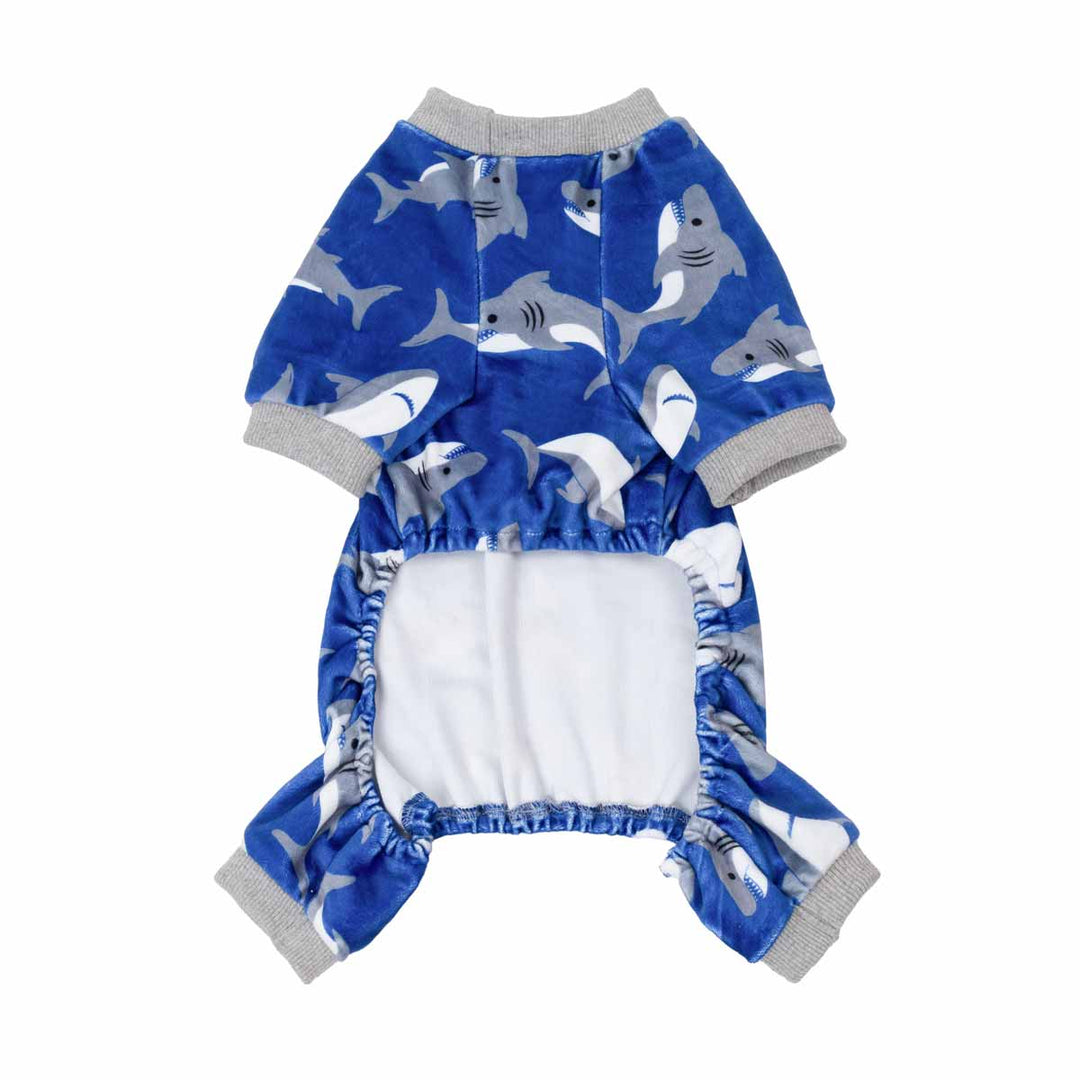 Blue shark print dog pajamas, soft velvet fabric, cozy sleepwear for dogs.