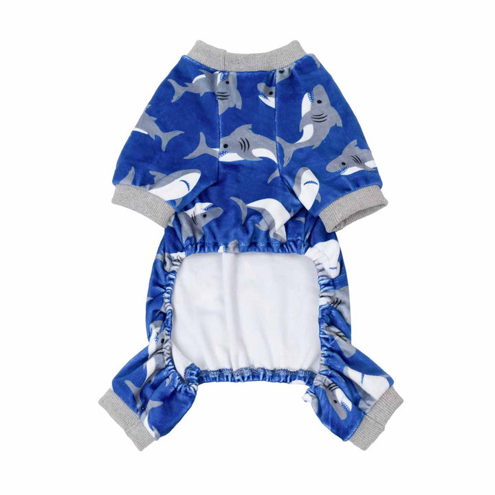 Blue shark print dog pajamas, soft velvet fabric, cozy sleepwear for dogs.