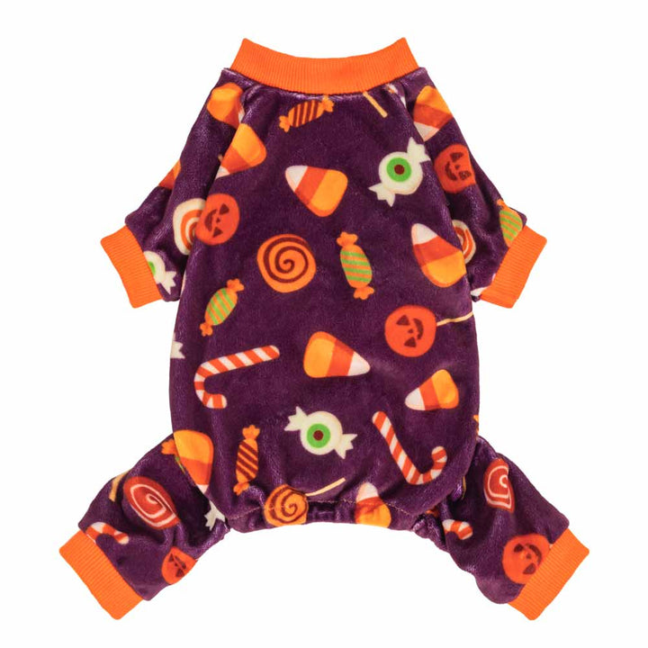 Soft purple Halloween dog pajamas with playful candy corn, jack-o'-lantern, and sweet treat prints; orange cuffs and neck.