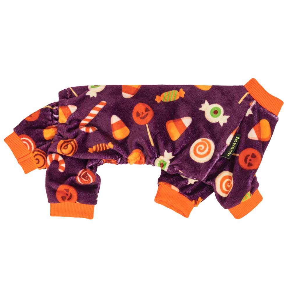 Purple dog Halloween costume, a cozy onesie with candy corn, jack-o'-lanterns, and festive sweet patterns, orange cuffed.