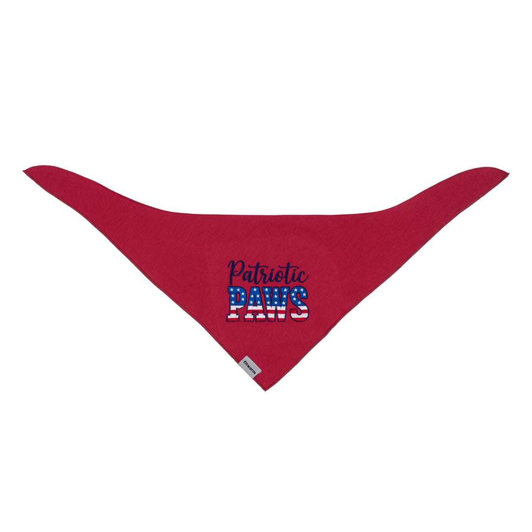 Red dog bandana with 'Patriotic Paws' lettering on a white background