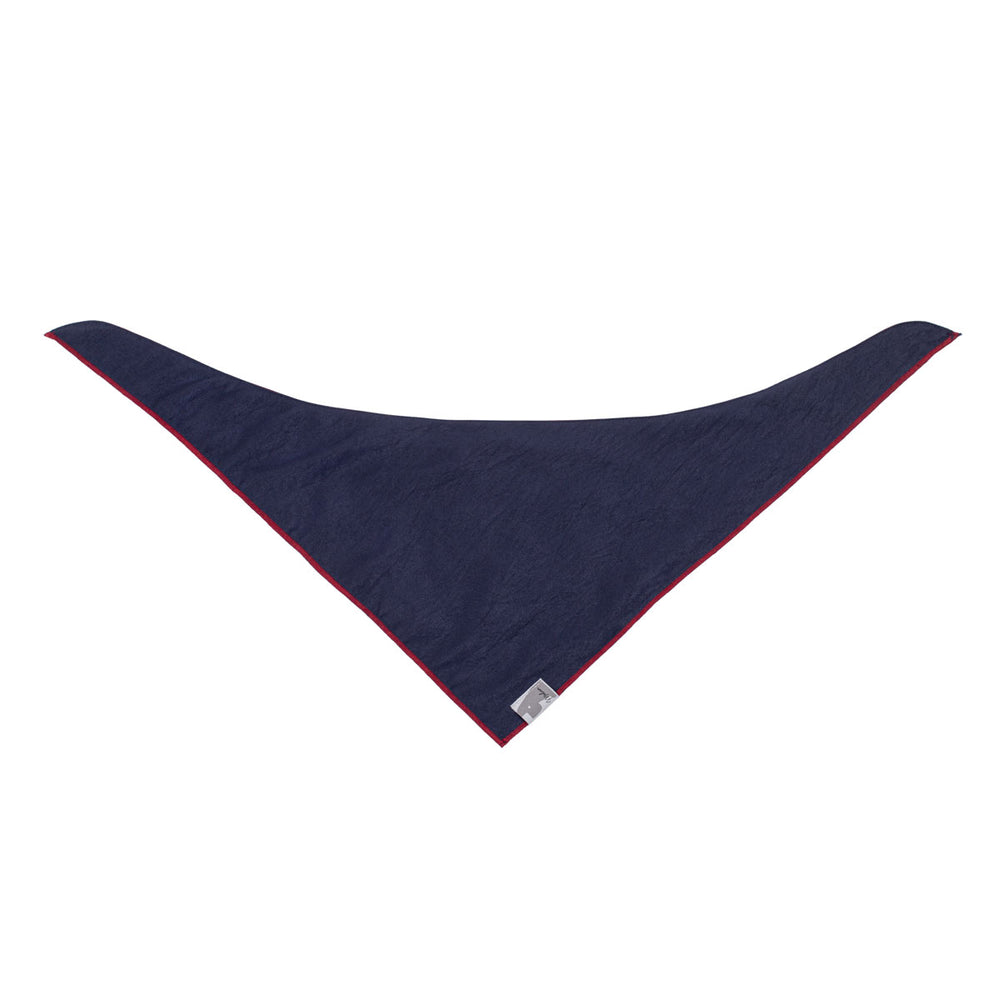 Navy blue dog bandana with red trim on a white background