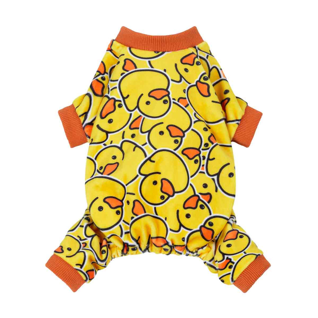 Yellow rubber duck print dog pajamas, all-coverage cozy onesie with orange trim for small dogs and cats.