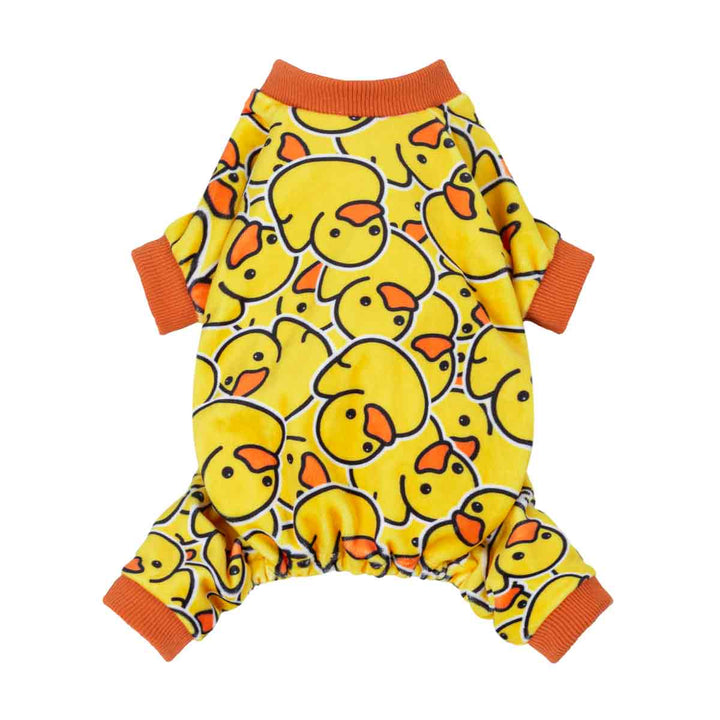 Yellow rubber duck print dog pajamas, all-coverage cozy onesie with orange trim for small dogs and cats.