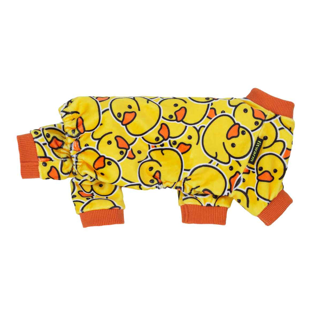 Yellow all-coverage dog onesie with all-over rubber duck print and orange trim. Cozy pet pajamas for small dogs.