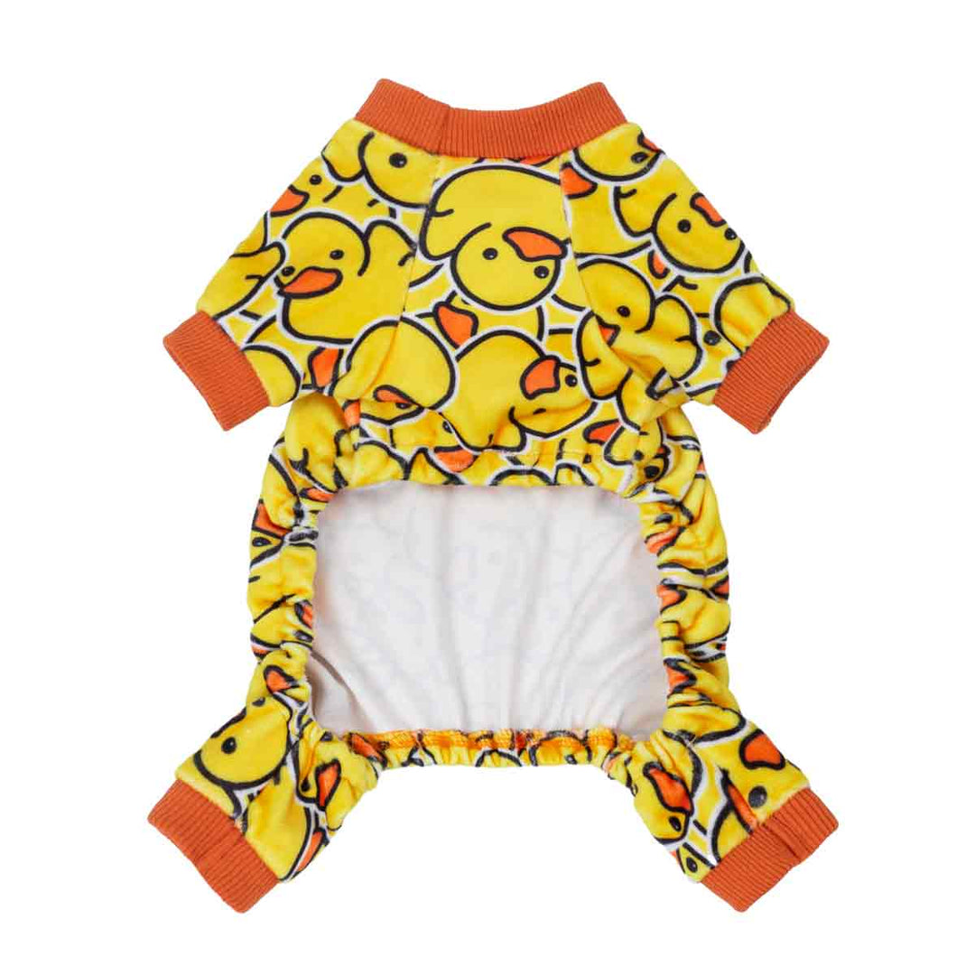 Yellow all-coverage pet onesie with rubber duck print and orange trim, cozy and breathable for small dogs and cats.