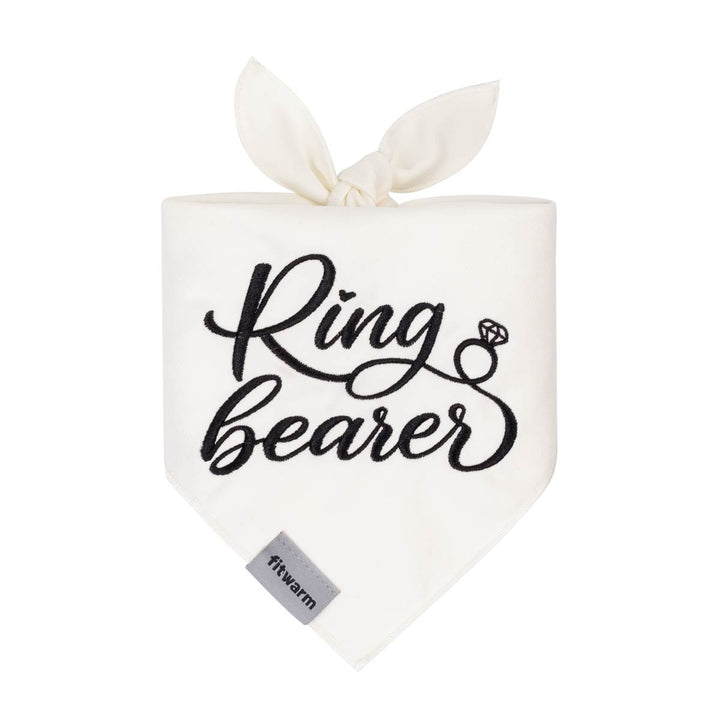 White dog bandanas with black embroidered Ring Bearer lettering tied for wedding dogs