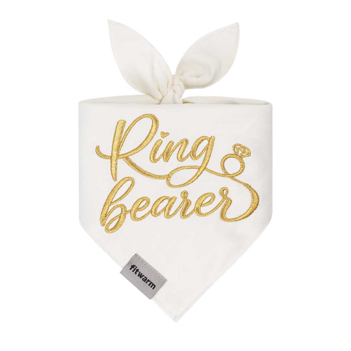 White dog bandanas with gold embroidered Ring Bearer lettering designed for wedding dogs