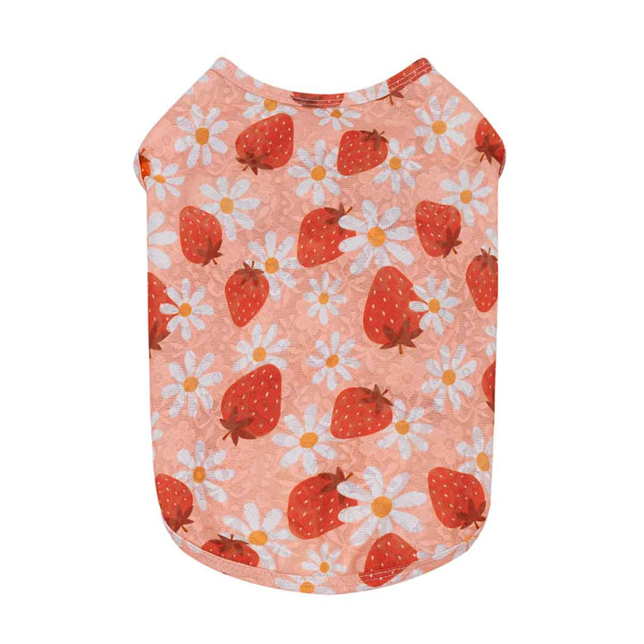 Lace dog shirt with strawberry and daisy pattern on a white background