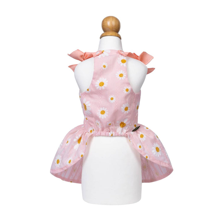 Pink dog summer dresswith floral pattern on a mannequin against a white background