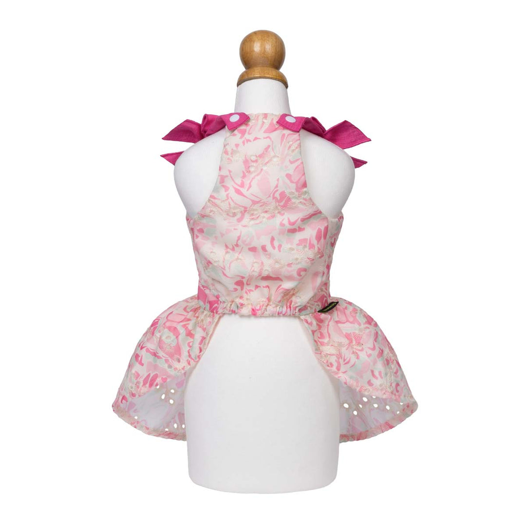 Pink floral dog summer dress on a mannequin with a white background